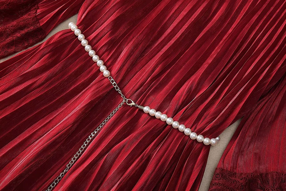 Elegant Wine Red Lace Maxi Dress