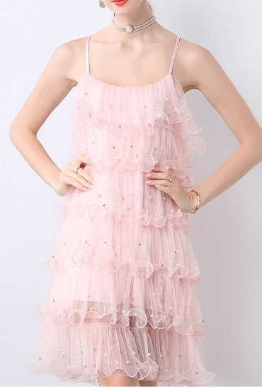 Blush Pink Tiered Tulle Cocktail Dress