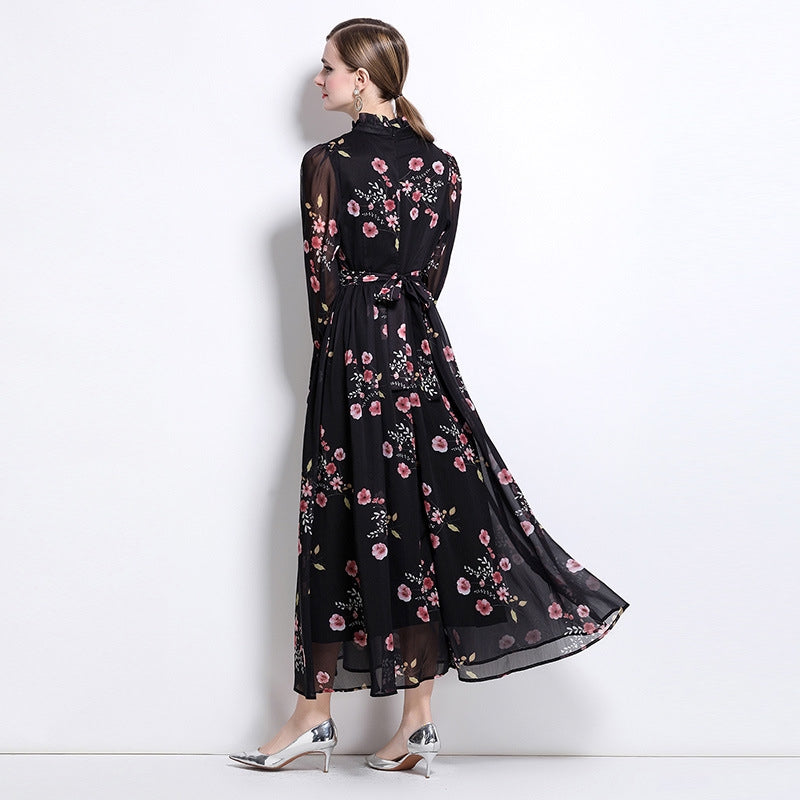 Black Flowy Floral Tiered Chiffon Gown With Belt