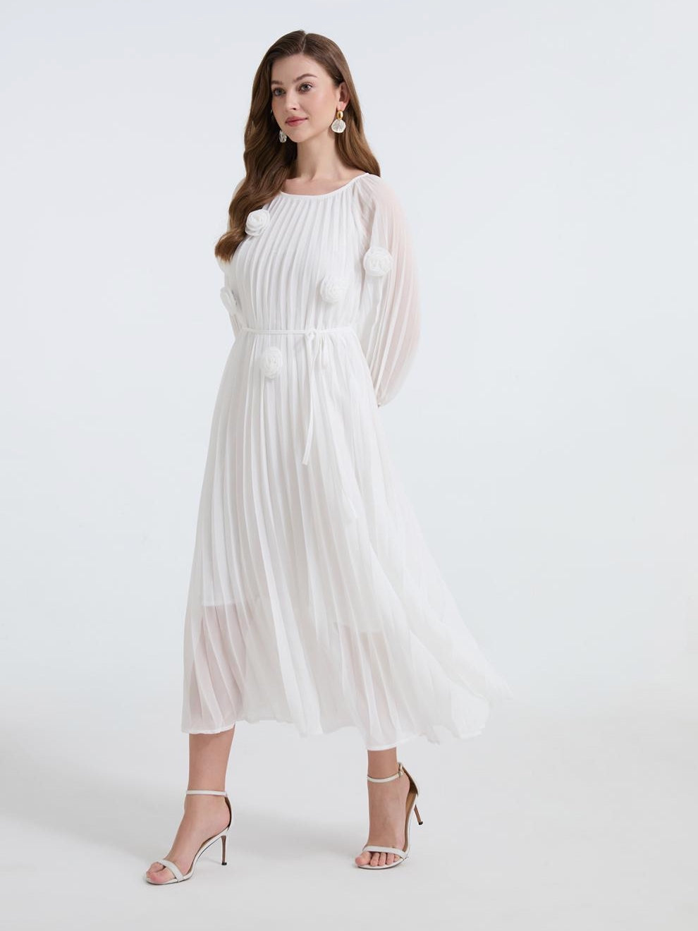 Snow Petal Pleated Chiffon Dress - 906472342218_WHITE