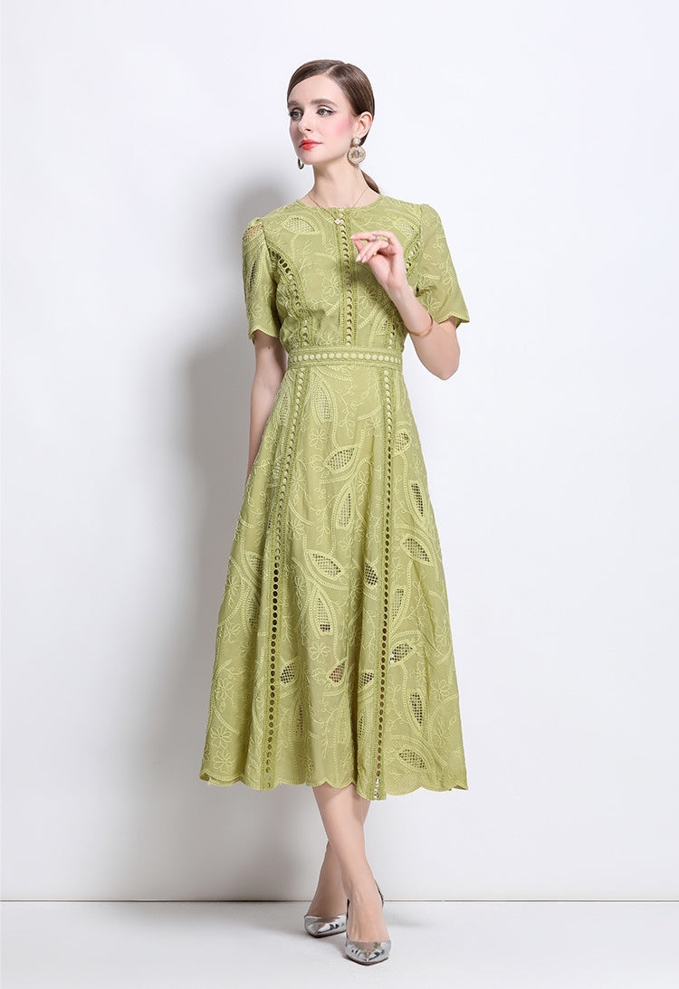 Olive Whisper Embroidered Midi Dress