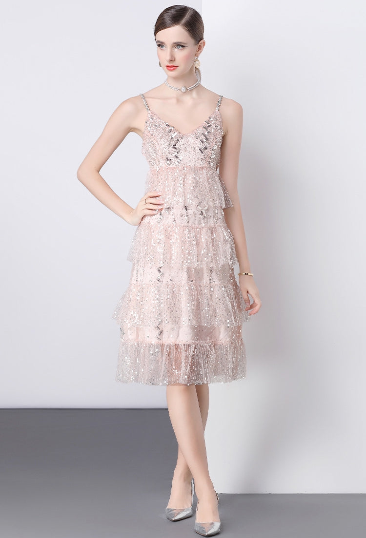 Blush Sequin Tiered Midi Dress