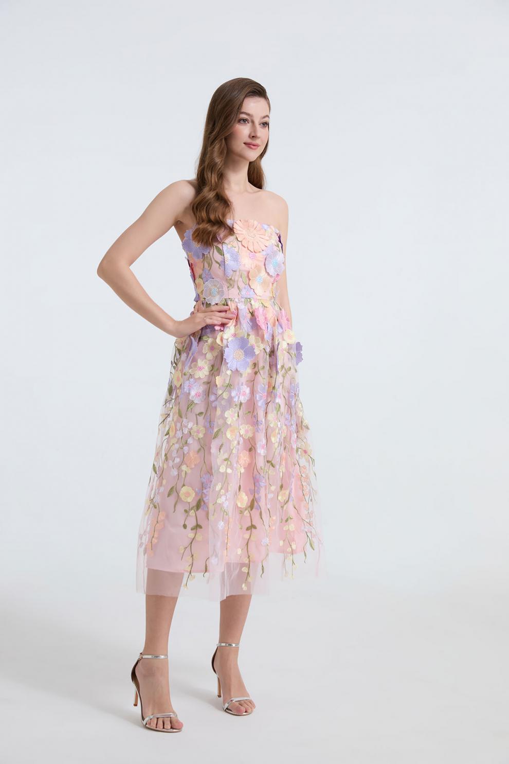 Petal Whisper Strapless Embroidered Dress - 912071976607_PINK