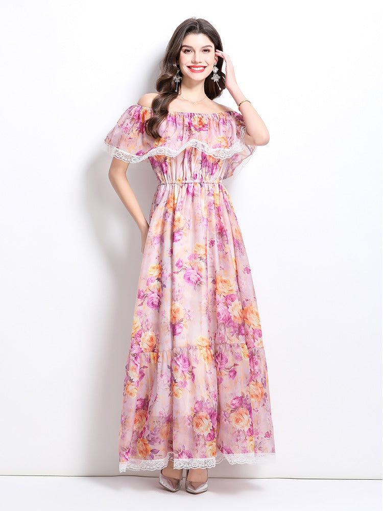 Romantic Floral Lace-Trimmed Maxi Dress