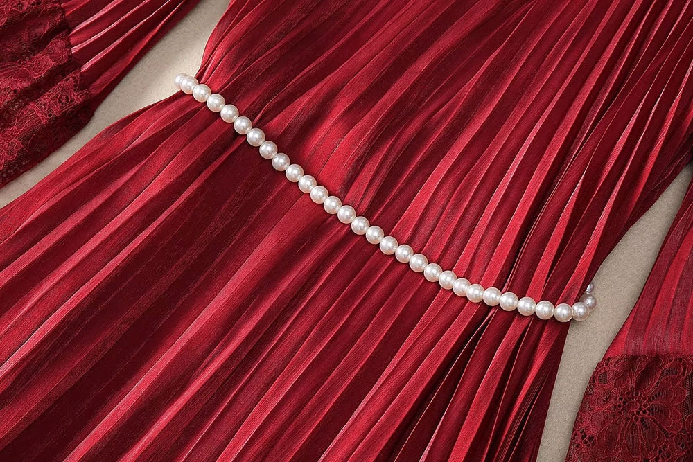 Elegant Wine Red Lace Maxi Dress