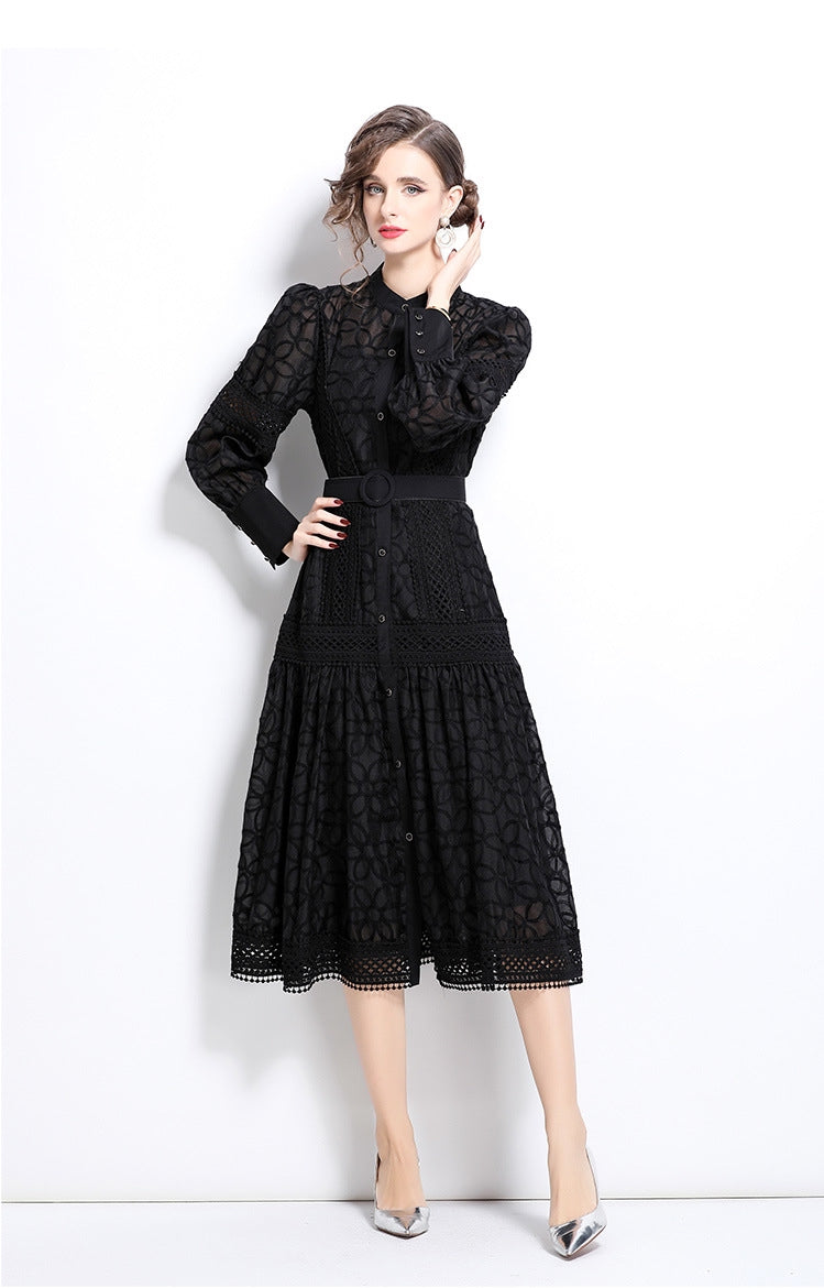 Elegant Black Lace Midi Dress with Belt