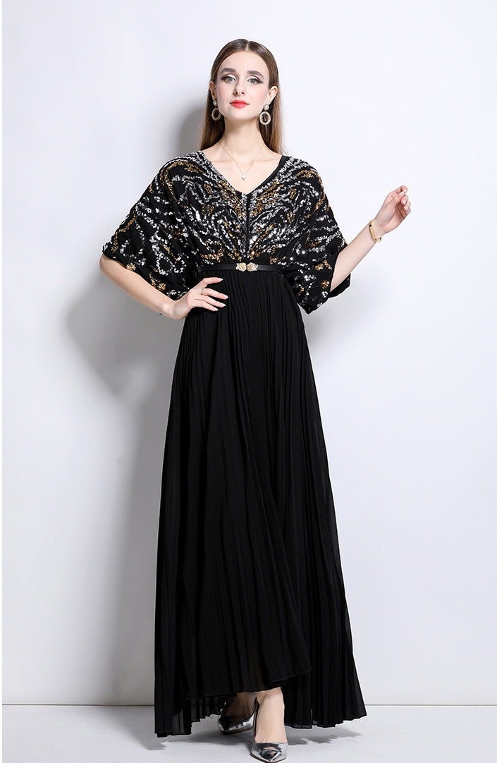 Celestial Black Sequin Pleated Maxi