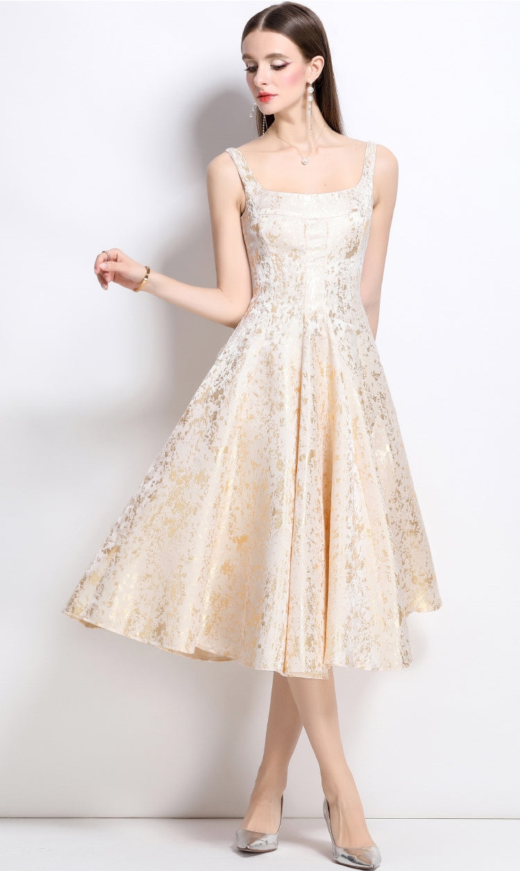 Elegant Gold Jacquard Midi Dress