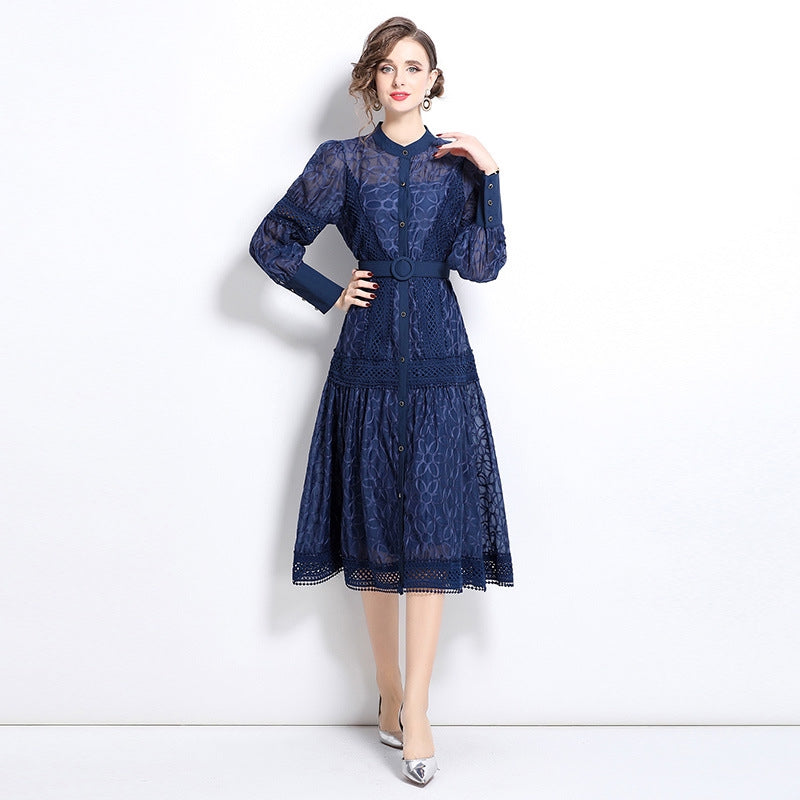 Elegant Navy Blue Lace Midi Dress with Belt