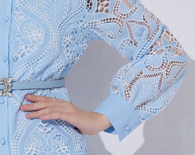 Celestial Eyelet Belted Shirt Dress - 901028103574_BLUE