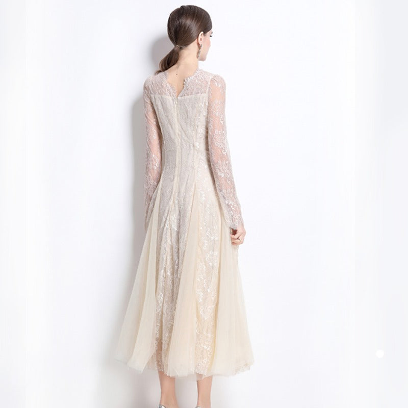 Ivory Lace Long-Sleeve Midi Dress