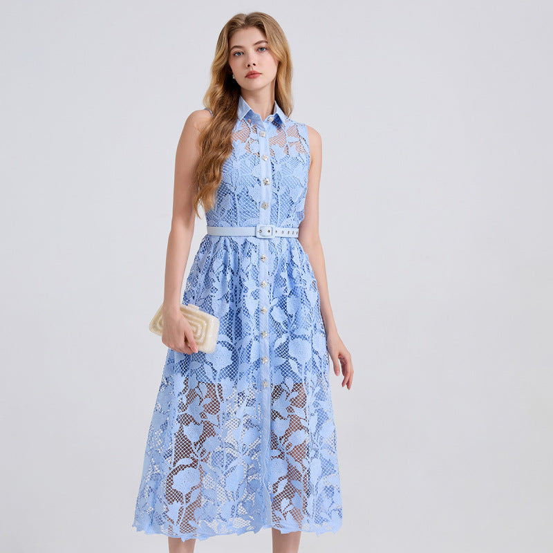 Sky Blossom Sleeveless Lace Midi Dress - 919430221311_BLUE