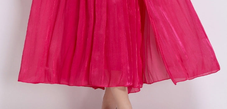 Radiant Rose Pleated Belted Dress - 920551704711_ROSERED