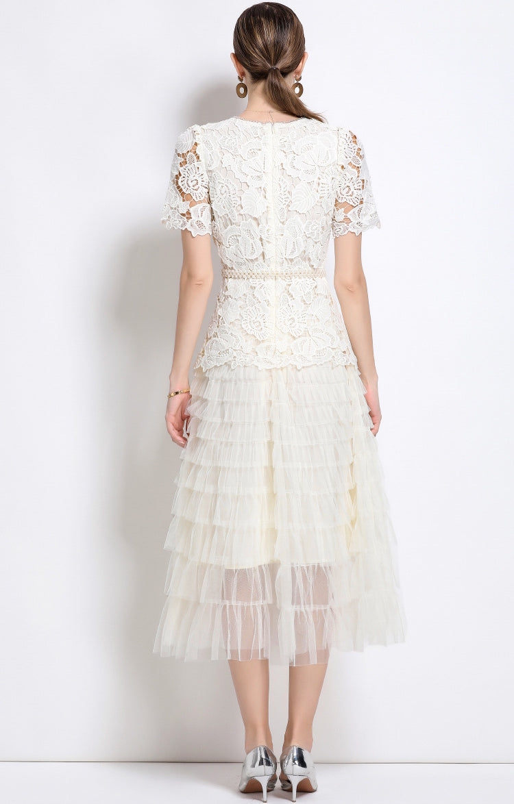 Vintage Bloom Lace & Tulle Midi Dress With Pearl Belt