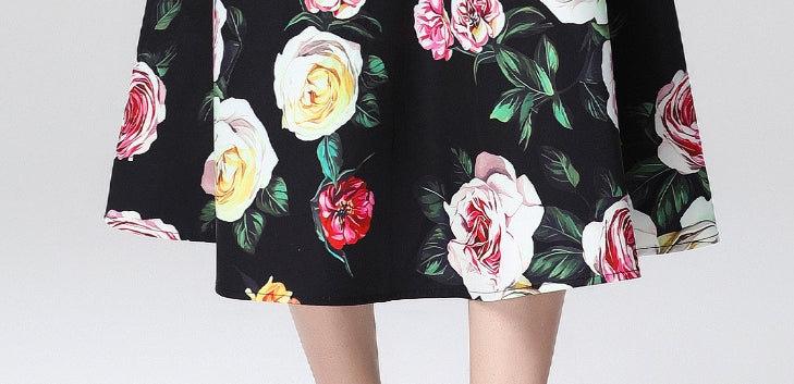 Elegant Rose Print Midi Skirt Two Piece Set