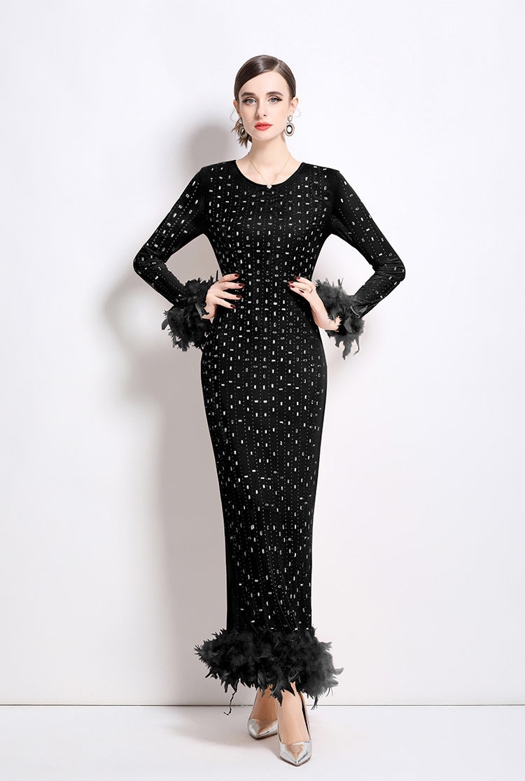 Black Heavy Embellished Stretchable Feather Sleeves Mesh Black Party Dress