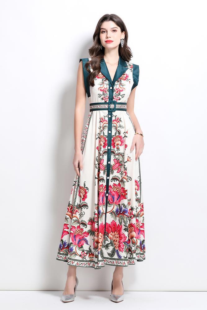 Elegant Floral Print Belted Shirt Dress