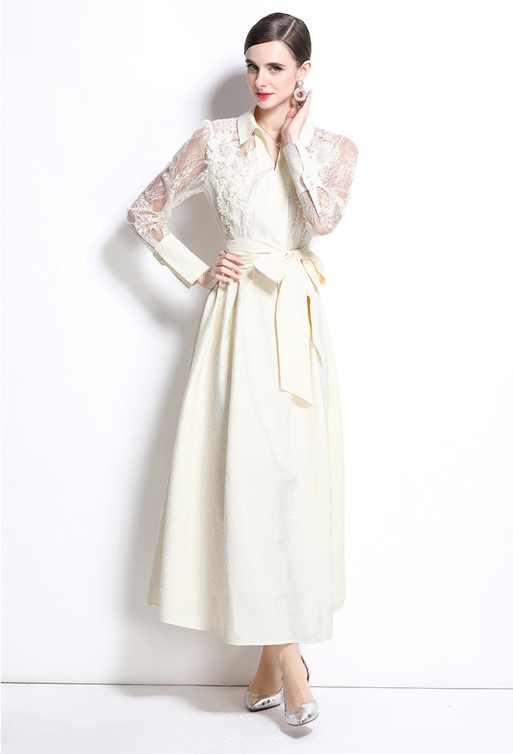 Elegant Lace Sleeve Belted Midi Dress