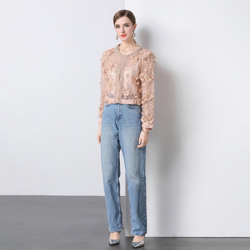 Blush Bloom Embroidered Sheer Jacket - 904547045647_BEIGE