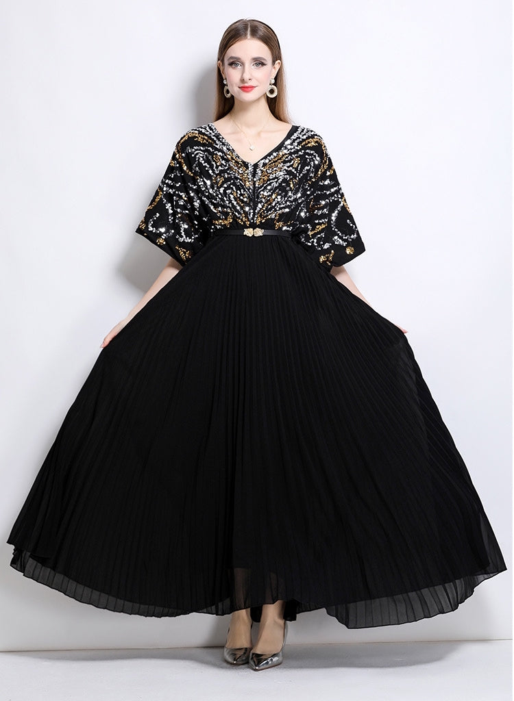 Celestial Black Sequin Pleated Maxi