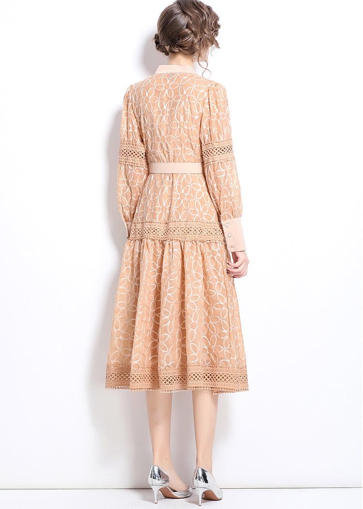 Elegant Apricot Lace Midi Dress with Belt