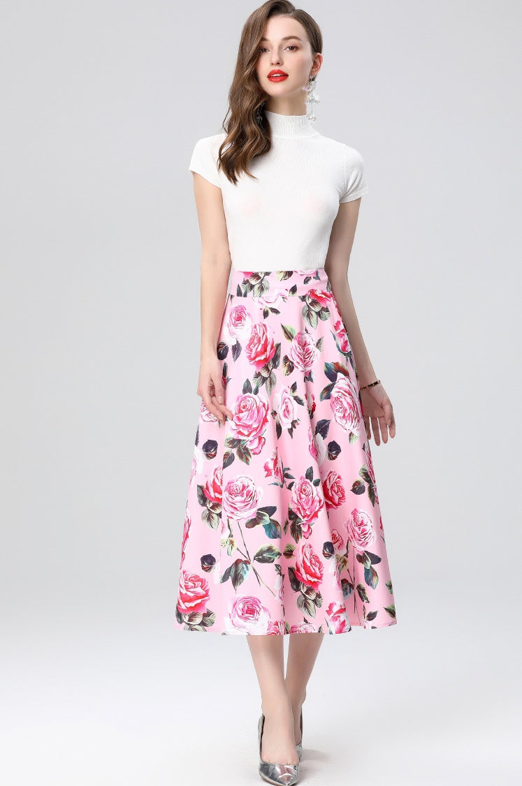 Pink Floral Midi Skirt Two Piece Set
