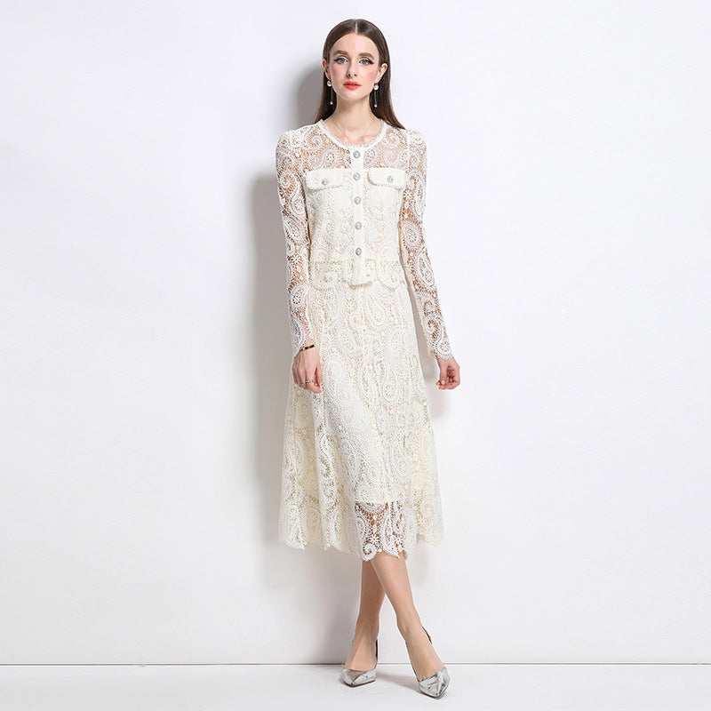 Elegant Long-Sleeve Lace Midi Dress – Ivory White