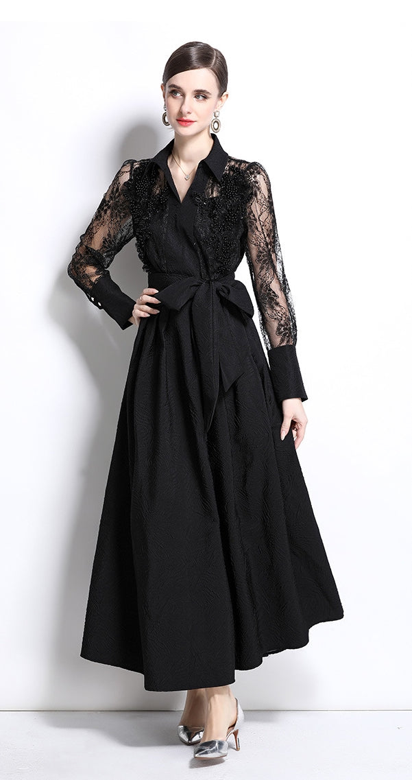 Black Lace Sleeve Belted Maxi Dress
