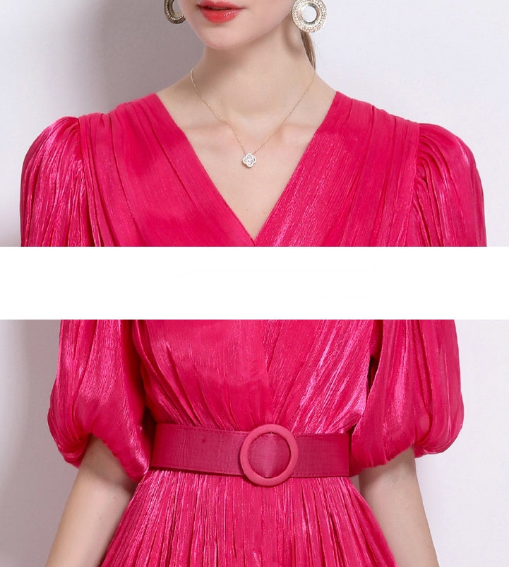 Radiant Rose Pleated Belted Dress - 920551704711_ROSERED
