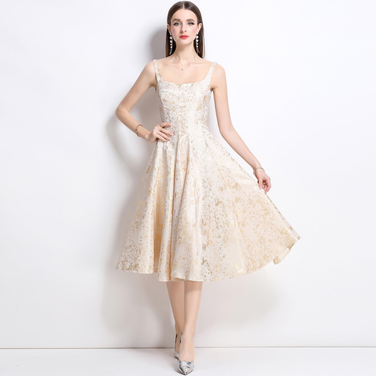 Elegant Gold Jacquard Midi Dress