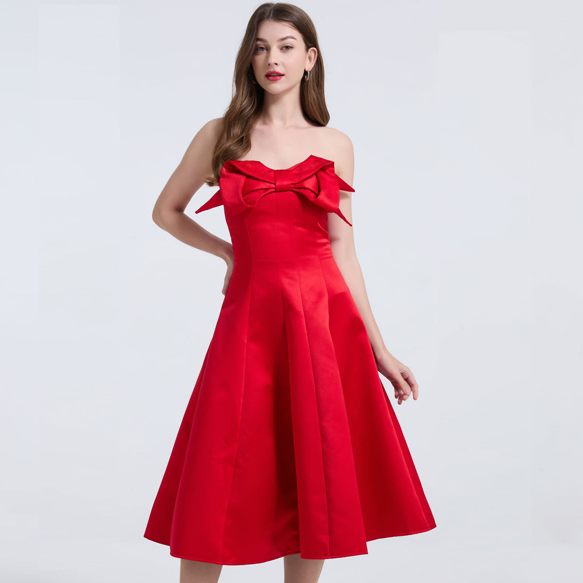 Strapless Bow Detail Satin Midi Dress - Red