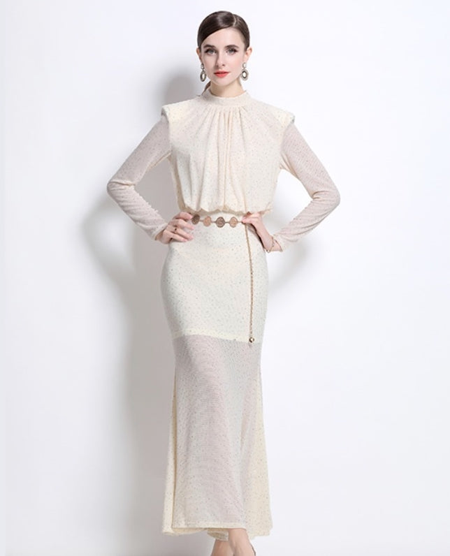 Elegant Sheer Long-Sleeve Maxi Dress - Ivory