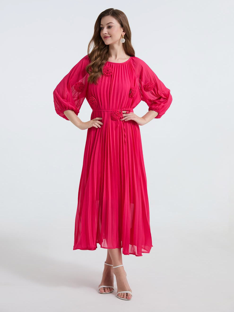 Rose Radiance Pleated Chiffon Dress - 906472342218_ROSERED