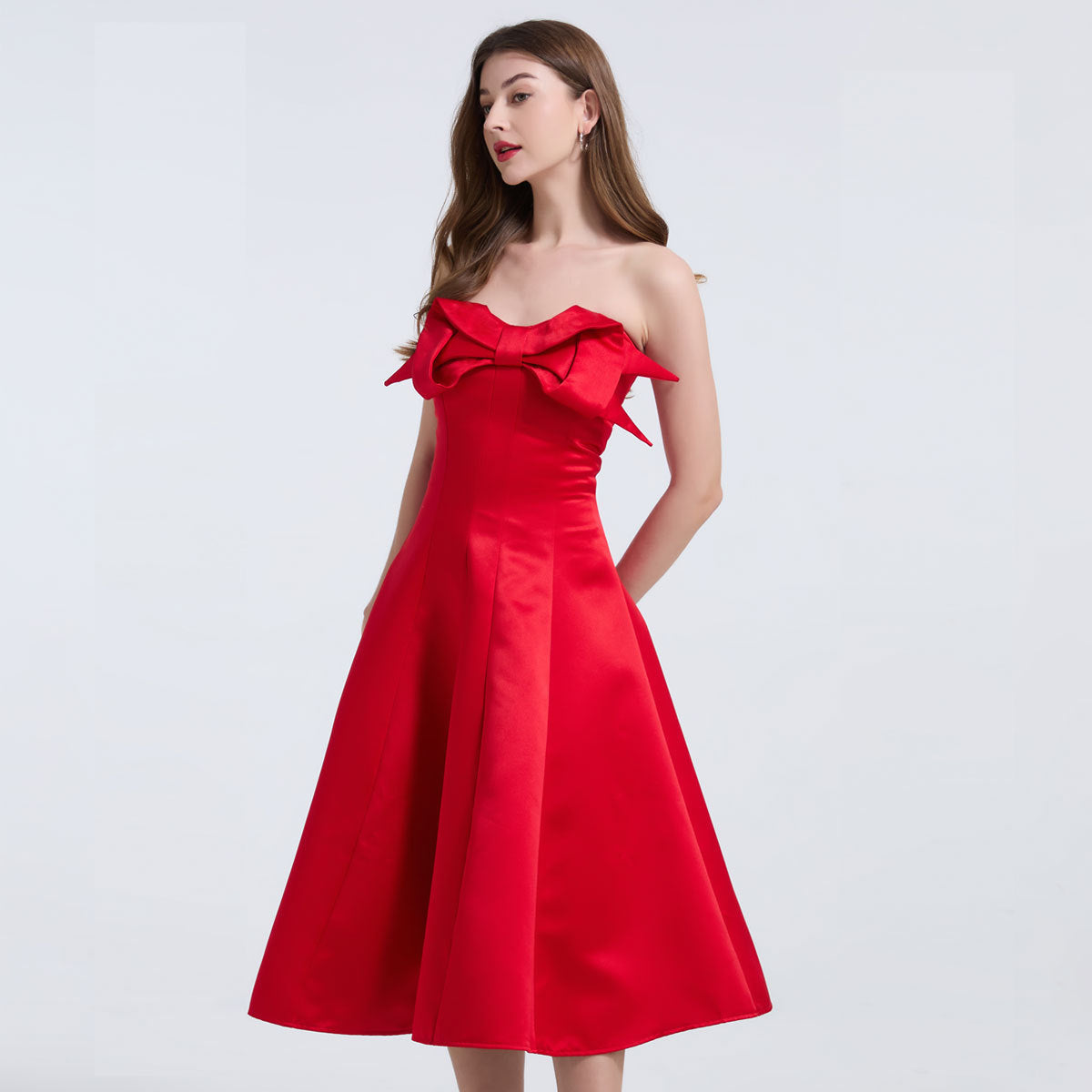 Strapless Bow Detail Satin Midi Dress - Red