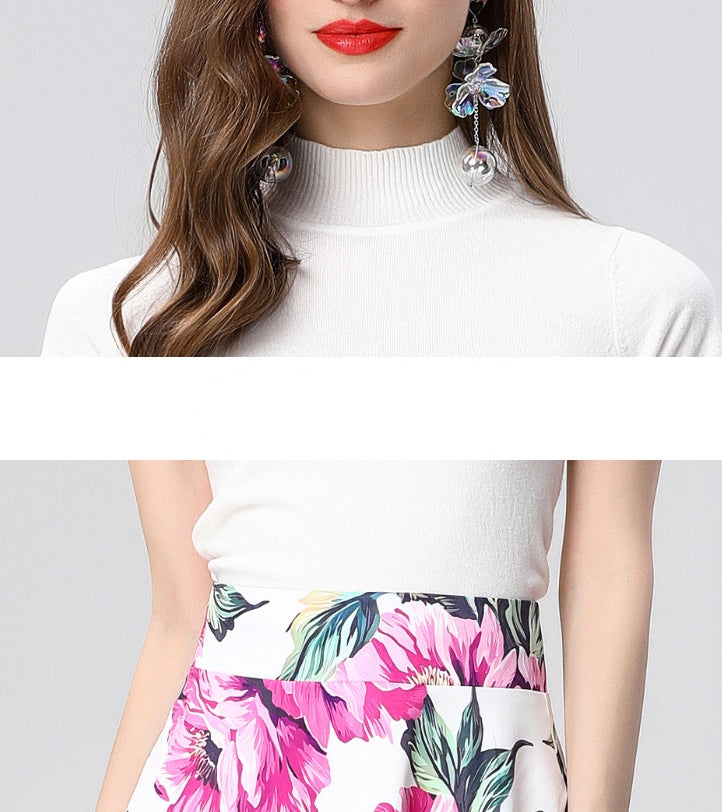 White Floral Midi Skirt Two Piece Set