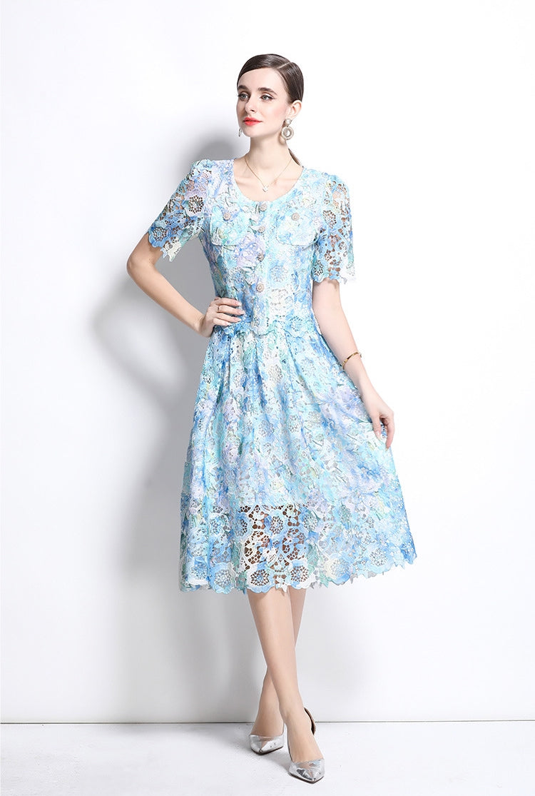Sky Blue Lace Midi Two Piece Dress