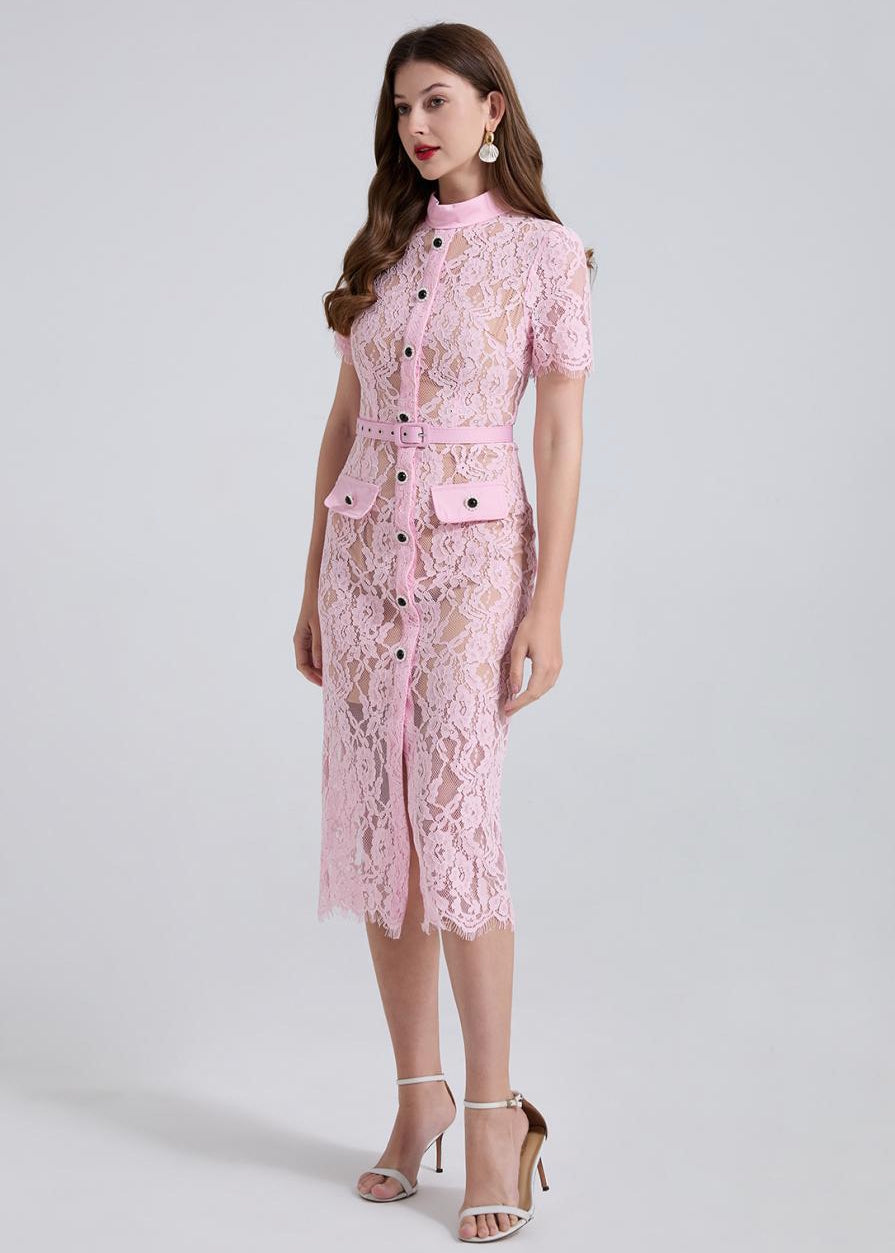 Blush Charm Lace Belted Dress