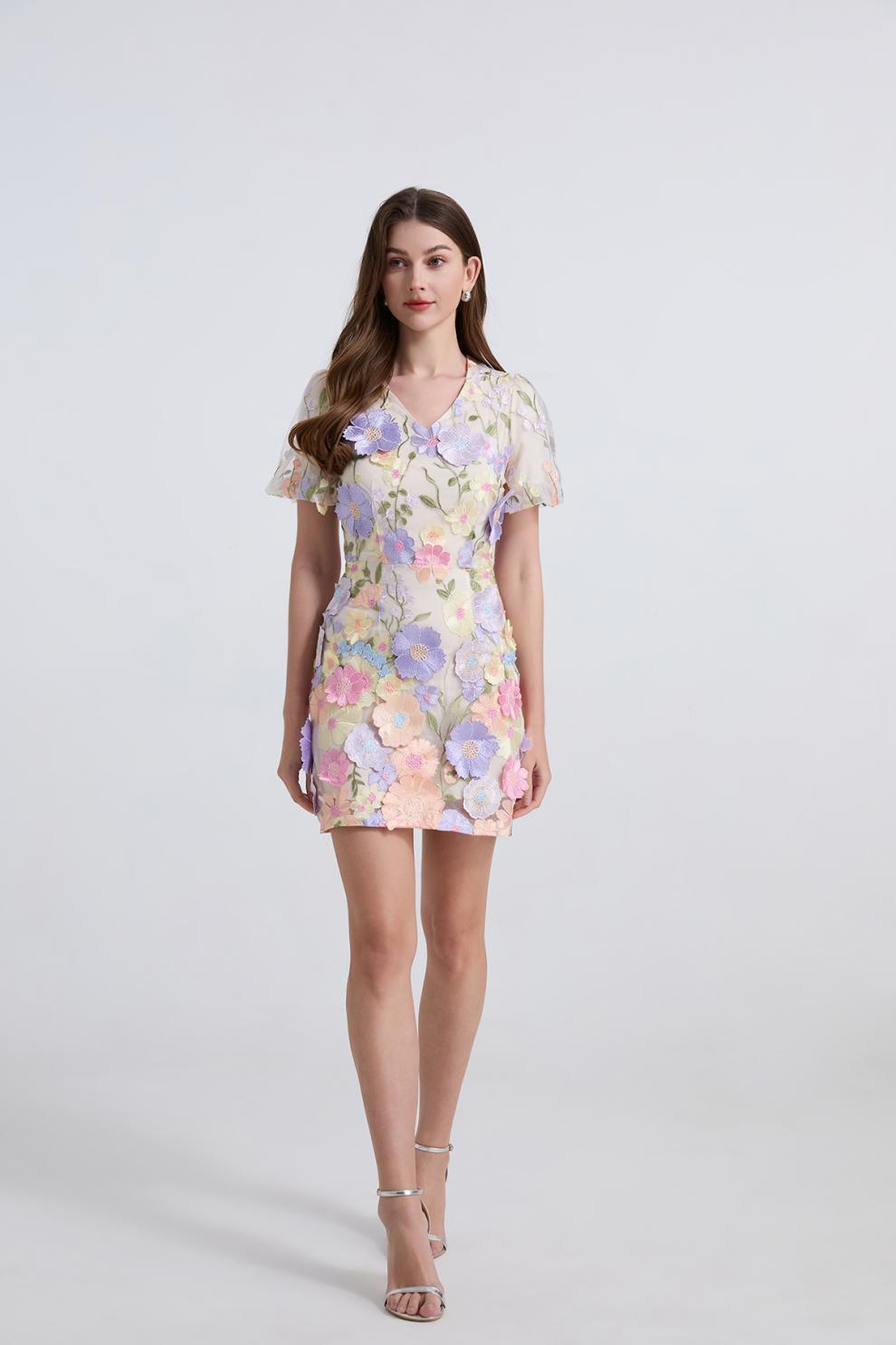 Pastel Floral Embroidered Mini Dress – Ivory