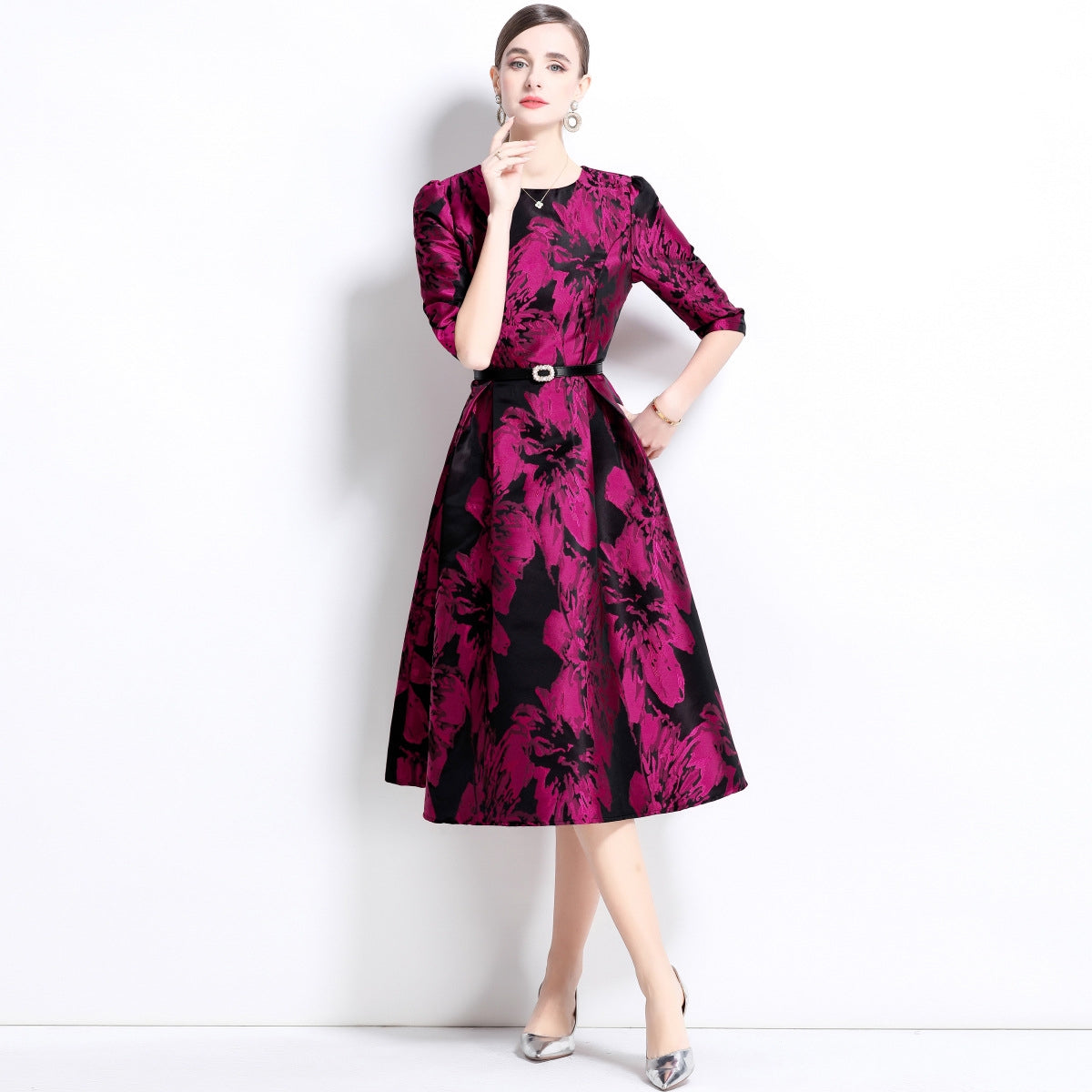Jacquard Fuchsia Dress With Fitted Vest and Hepburn skirt