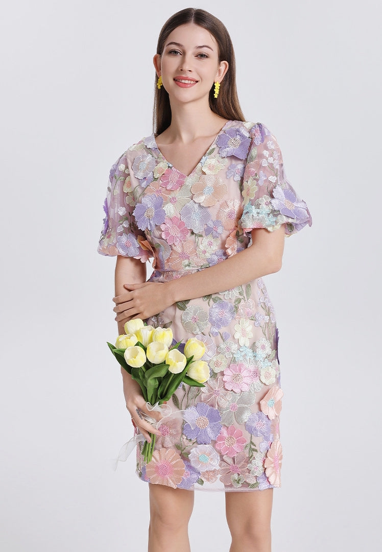 Pastel Garden Embroidered Mini Dress - 907313265705_LIGHTPURPLE