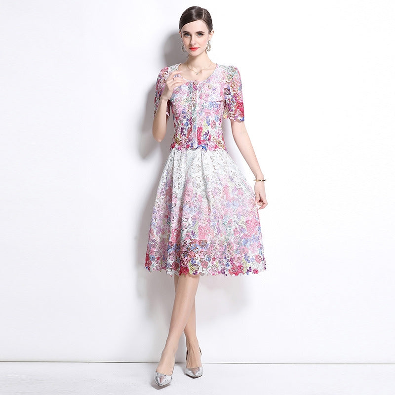 Multicolor Floral Lace Midi Two Piece Dress
