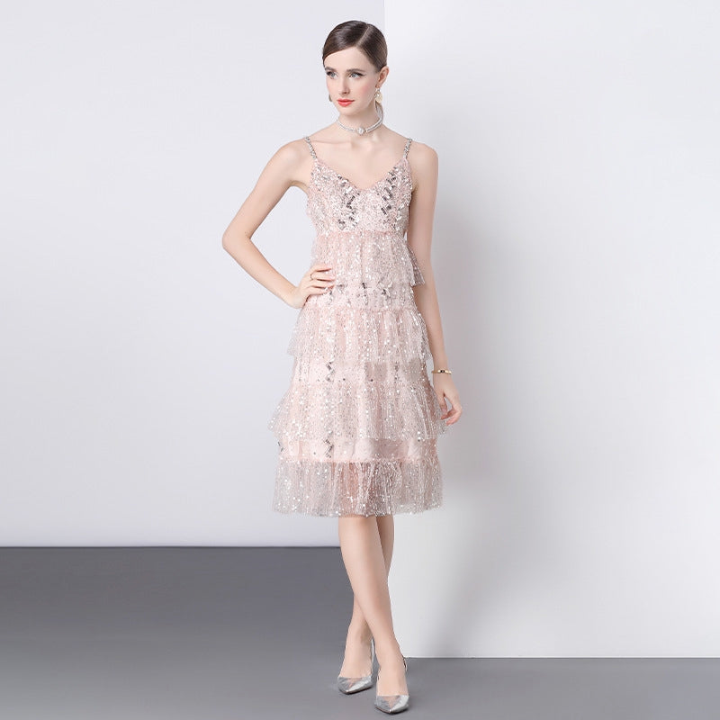 Blush Sequin Tiered Midi Dress