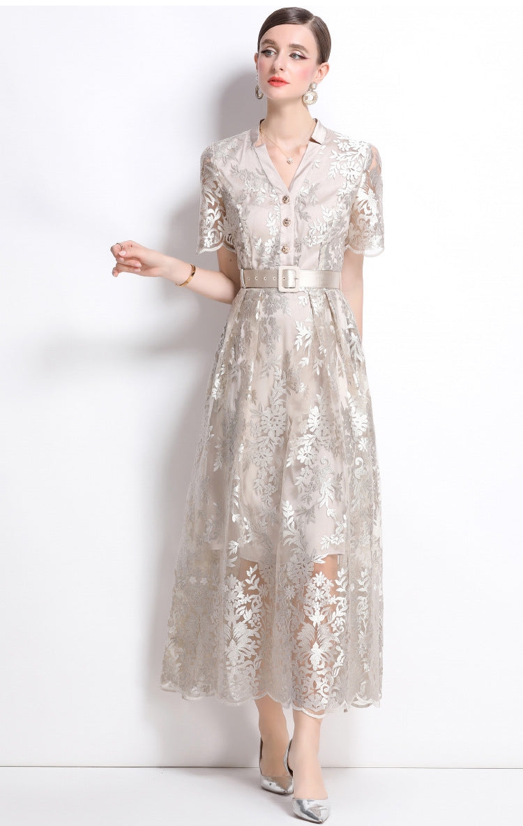 Luxe Embroidered Lace Midi Dress with Belt - 901024775521_APRICOT
