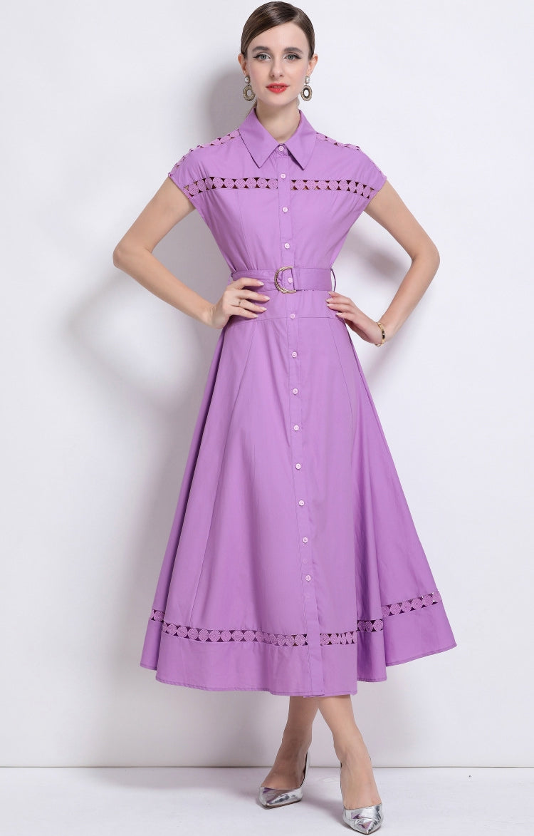 Lavender Charm Belted Shirt Dress
