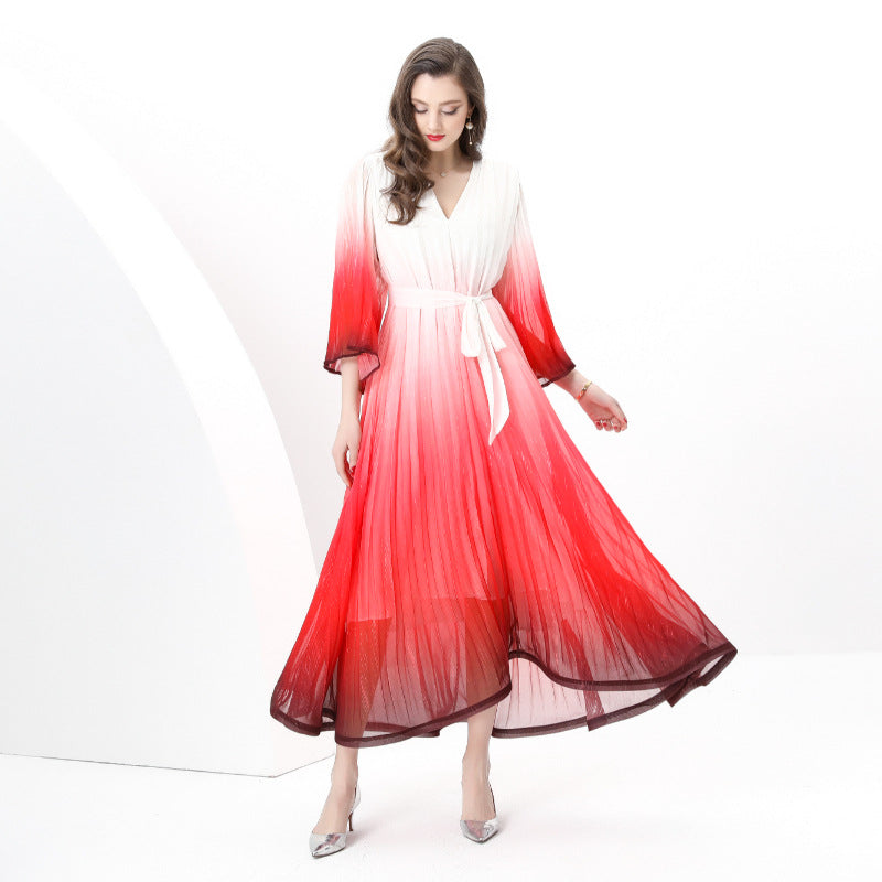 Scarlet Flame Ombre Pleated Maxi Dress