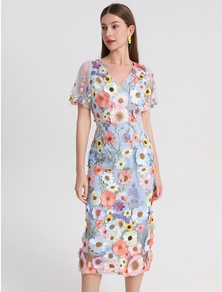 Blooming Garden Embroidered Midi Dress - 906548043201_BLUE