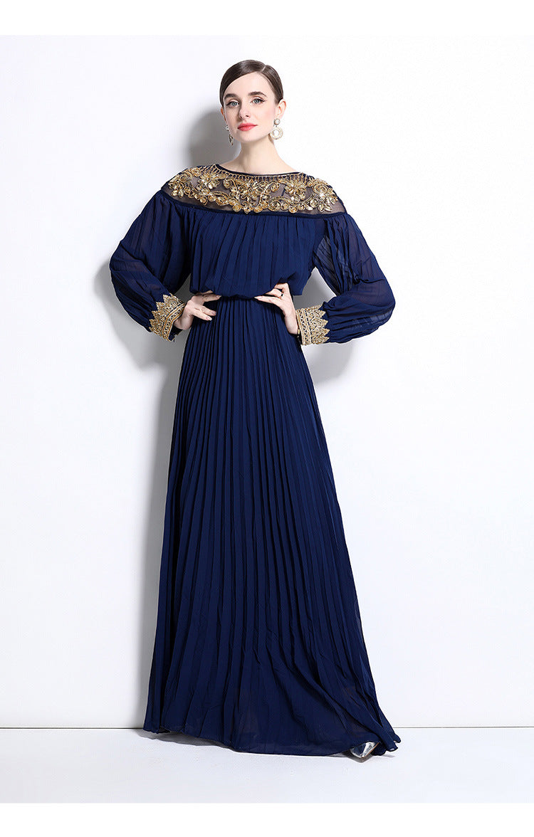 Midnight Majesty Embroidered Pleated Gown