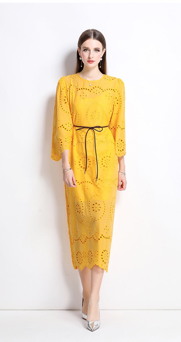 Sunburst Eyelet Belted Midi Dress - 902368523846_TURMERIC