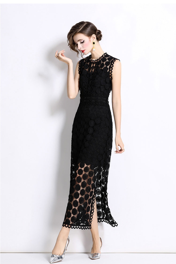 Black Hollow-Out Lace Midi Dress