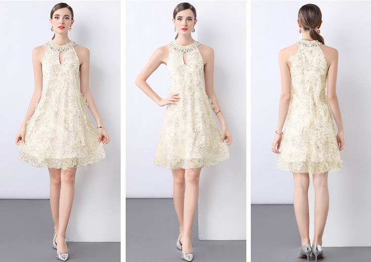 Elegant Pearl Embellished Lace Cocktail Dress